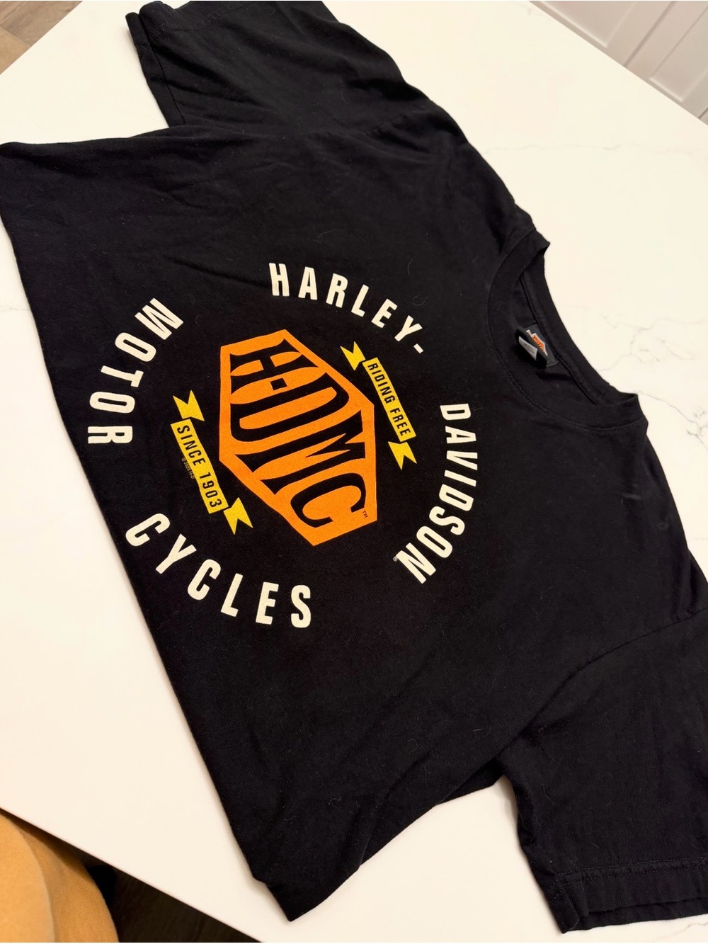 Harley-Davidson Black Tee with Orange and Yellow Shield Graphic